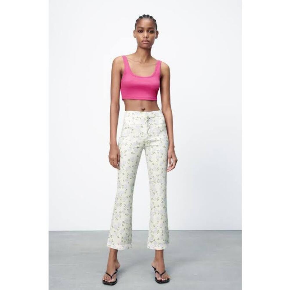 Zara Floral Mini Flare Trousers Pants Cream Purple Green Women's Size Medium